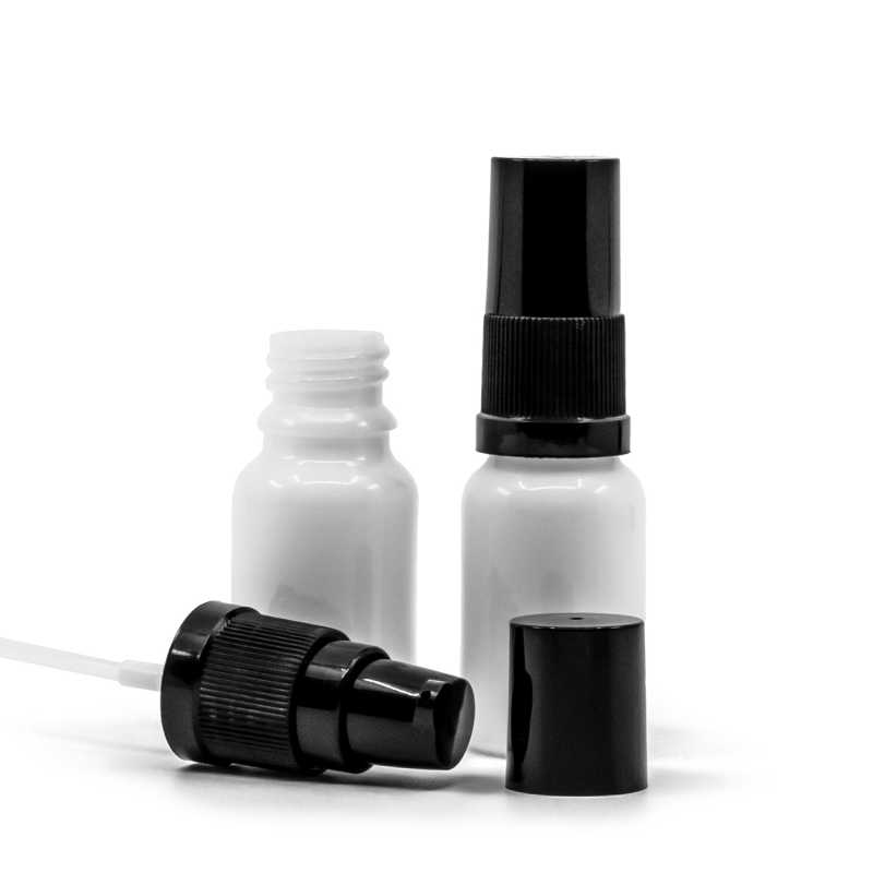 Flacon en verre blanc, pompe à lotion noire avec bouchon noir, 10 ml