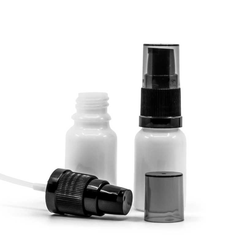 Flacon en verre blanc, pompe à lotion noire avec bouchon fumé, 10 ml