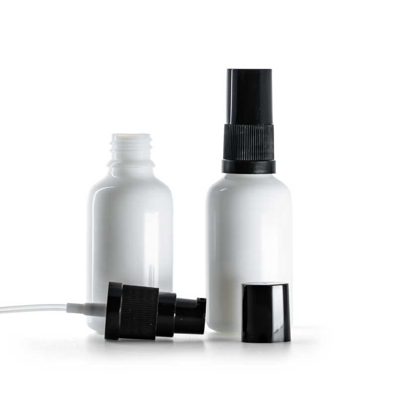 Flacon en verre blanc, pompe crème avec capot noir, 30 ml