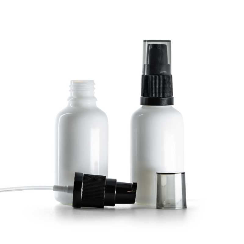 Flacon en verre blanc, pompe lotion avec surcapuchon fumé, 30 ml