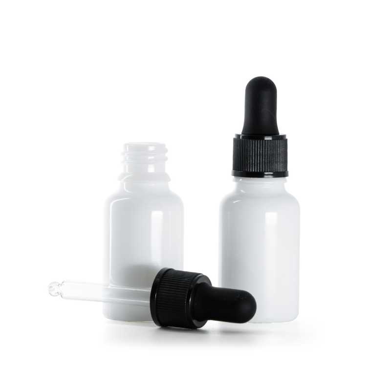 Flacon en verre blanc, compte-gouttes noir mat, 15 ml