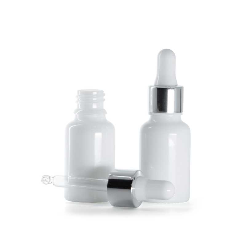 Flacon en verre blanc, compte-gouttes blanc argenté brillant, 15 ml