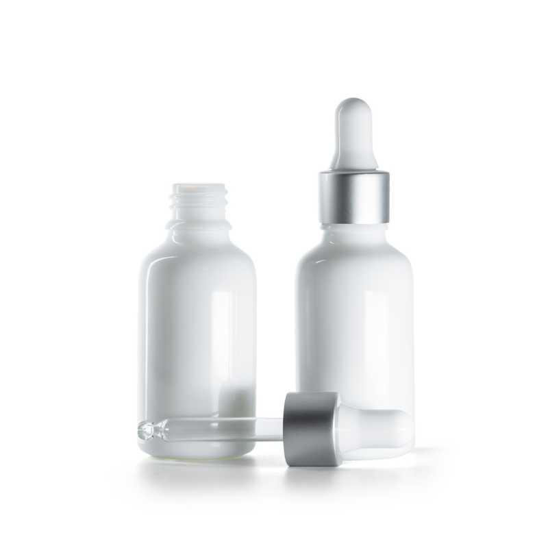 Flacon en verre blanc, compte-gouttes argent mat, 30 ml