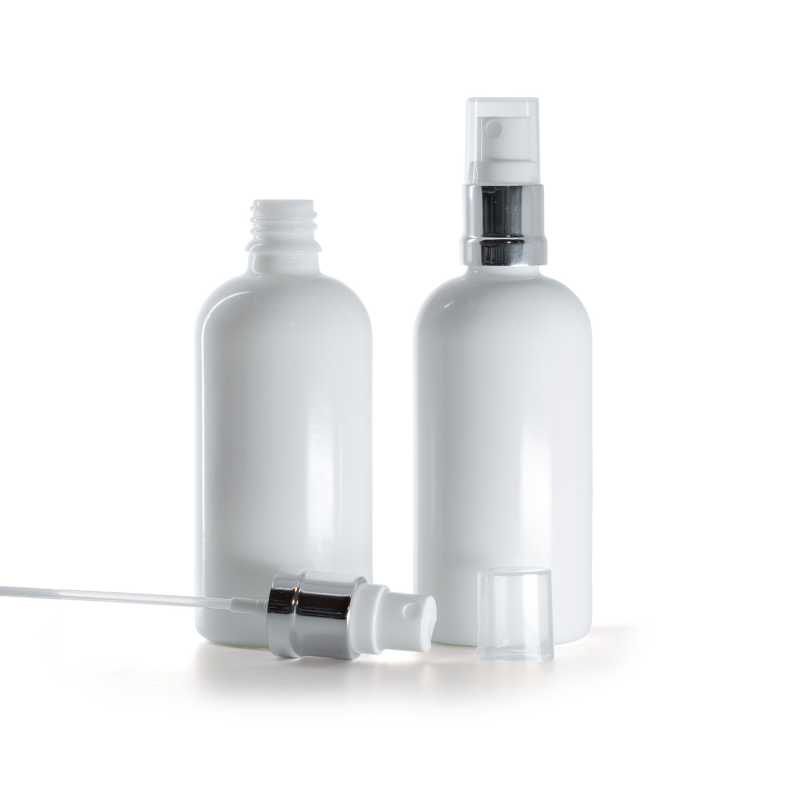 Bouteille en verre blanc, vaporisateur en argent brillant, 100 ml