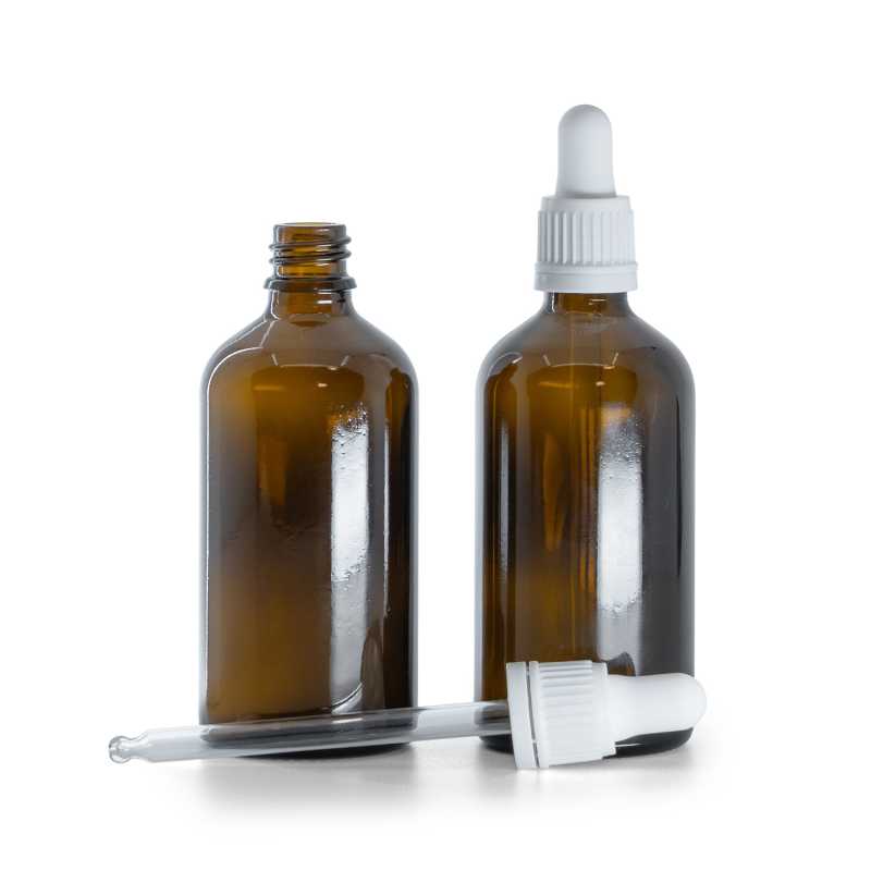 Flacon en verre ambré, compte-gouttes blanc, 100 ml