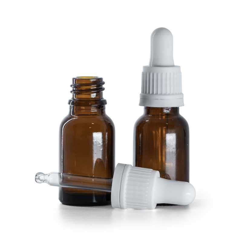 Flacon en verre ambré, compte-gouttes blanc, 15 ml