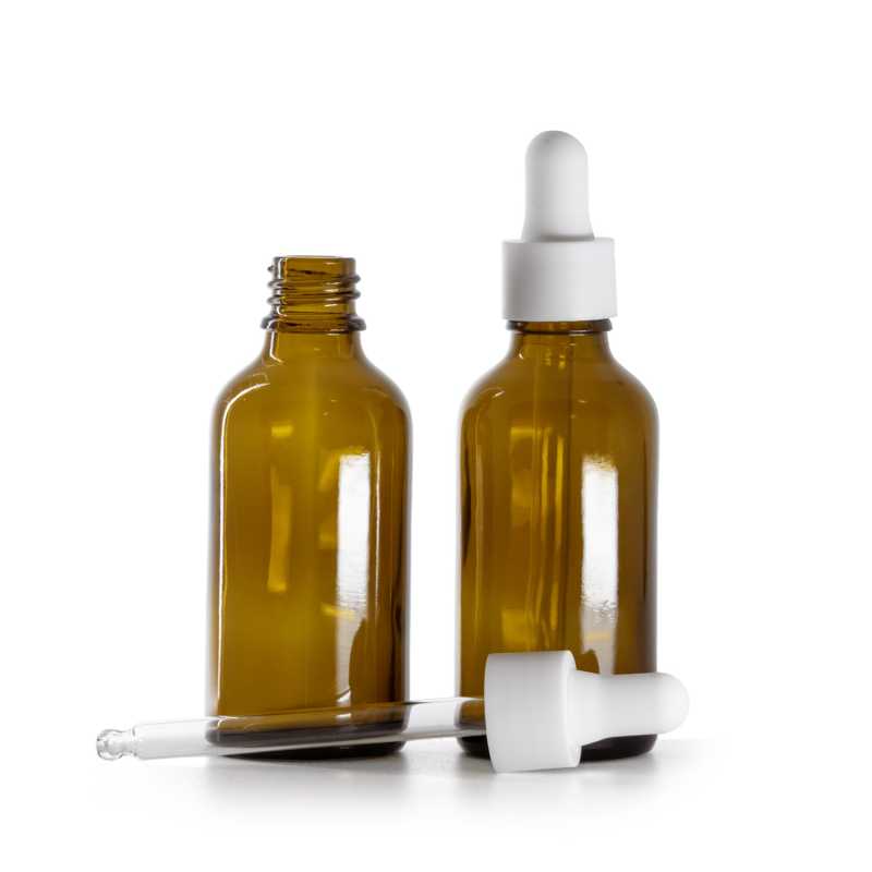 Flacon en verre ambré, compte-gouttes blanc lisse et mat, 50 ml