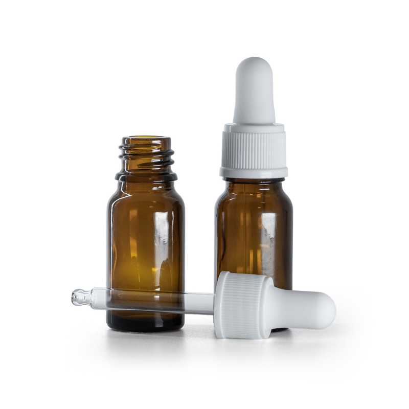 Flacon en verre ambré, compte-gouttes blanc mat, 10 ml