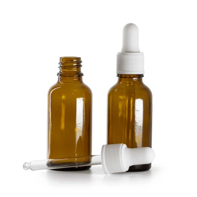Flacon en verre ambré, compte-gouttes blanc mat, 30 ml