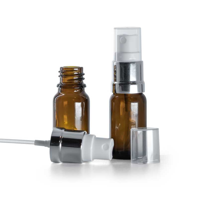 Flacon en verre ambré, spray blanc argenté, 10 ml