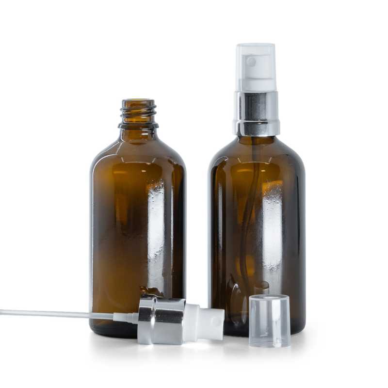 Bouteille en verre ambré, spray blanc argenté, 100 ml