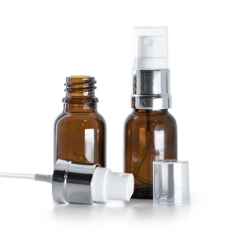 Flacon en verre ambré, spray blanc argenté, 15 ml