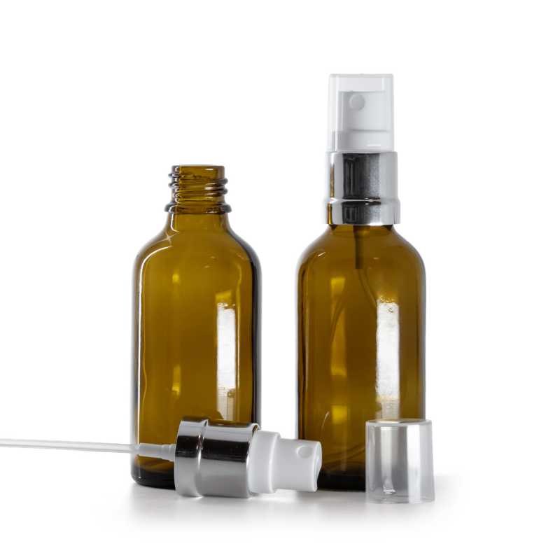 Bouteille en verre ambré, spray blanc argenté, 50 ml