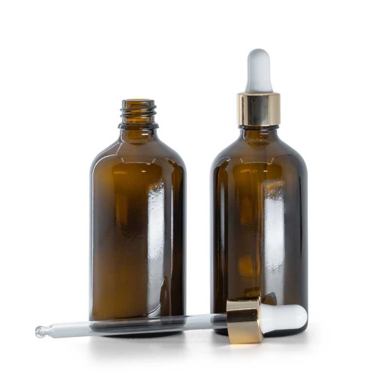 Bouteille en verre ambré, compte-gouttes blanc doré, 100 ml