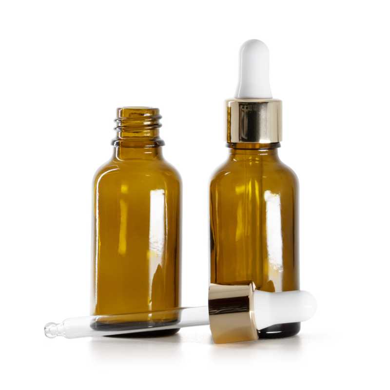 Flacon en verre ambré, compte-gouttes blanc doré, 30 ml