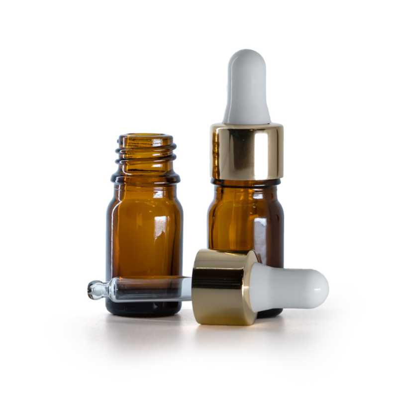Flacon en verre ambré, compte-gouttes blanc doré, 5 ml