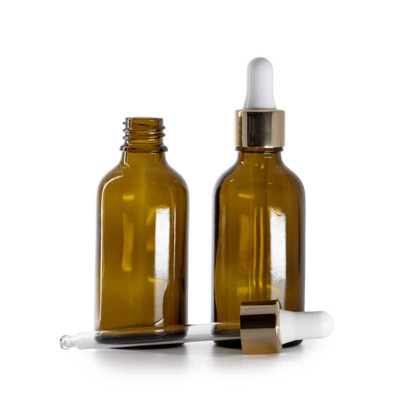 Flacon en verre ambré, compte-gouttes blanc doré, 50 ml