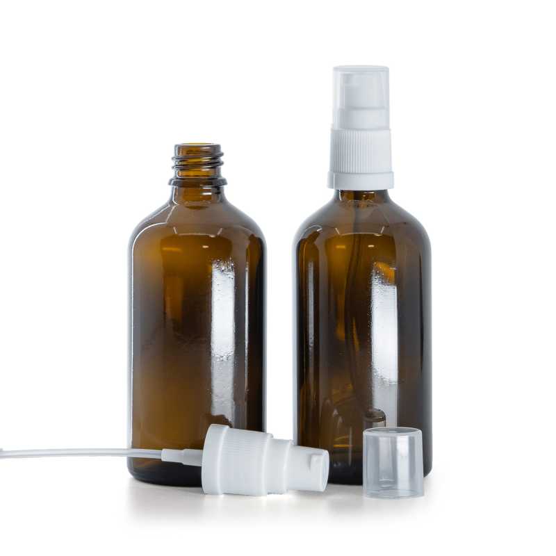 Flacon en verre ambré, pompe à lotion blanche, 100 ml