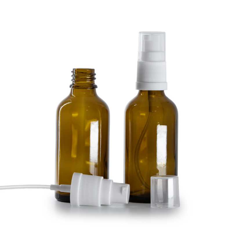 Flacon en verre ambré, pompe à lotion blanche, 50 ml