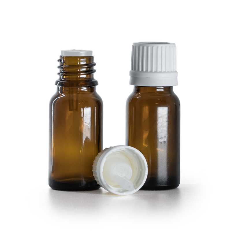 Flacon en verre ambré, bouchon blanc inviolable et compte-gouttes, 10 ml