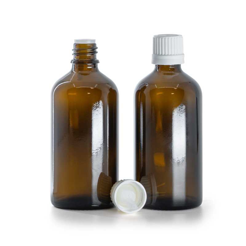 Flacon en verre ambré, bouchon blanc inviolable et compte-gouttes, 100 ml