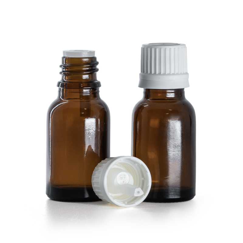 Flacon en verre ambré, bouchon blanc inviolable et compte-gouttes, 15 ml