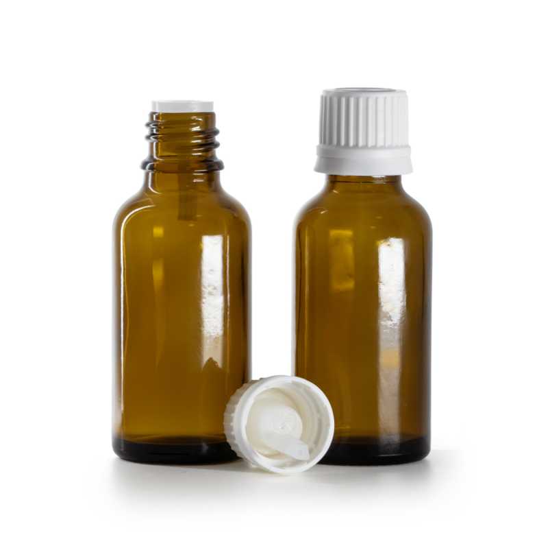Flacon en verre ambré, bouchon blanc inviolable et compte-gouttes, 30 ml