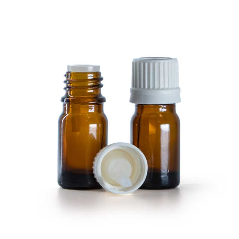 Flacon en verre ambré, bouchon blanc inviolable et compte-gouttes, 5 ml
