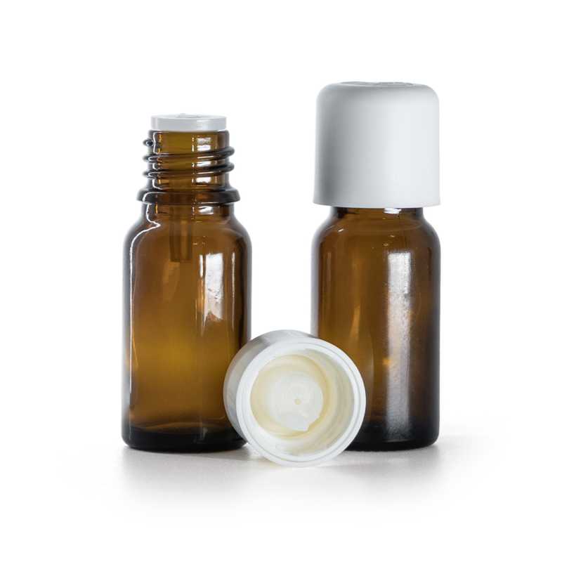Flacon en verre ambré, bouchon de sécurité blanc et compte-gouttes, 10 ml