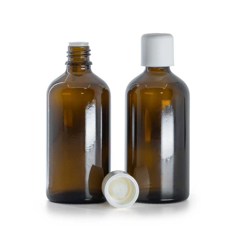 Flacon en verre ambré, bouchon de sécurité blanc et compte-gouttes, 100 ml