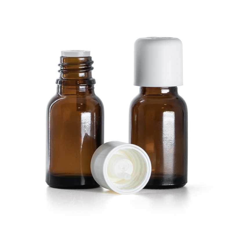 Flacon en verre ambré, bouchon de sécurité blanc et compte-gouttes, 15 ml