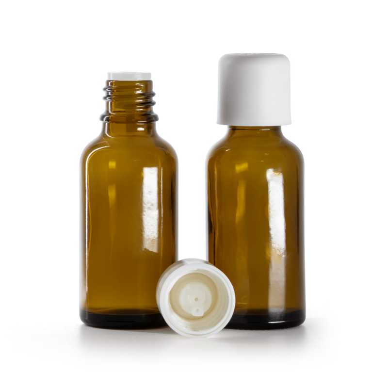 Flacon en verre ambré, bouchon de sécurité blanc et compte-gouttes, 30 ml