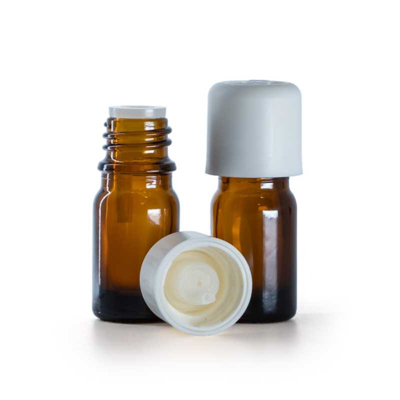 Flacon en verre ambré, bouchon de sécurité blanc et compte-gouttes, 5 ml