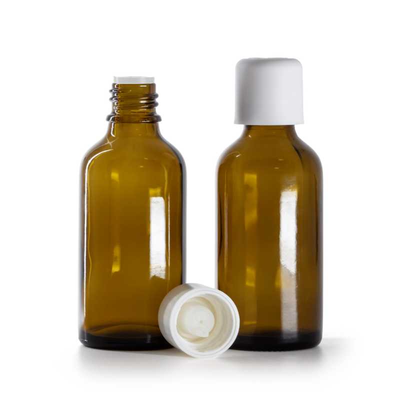 Flacon en verre ambré, bouchon de sécurité blanc et compte-gouttes, 50 ml