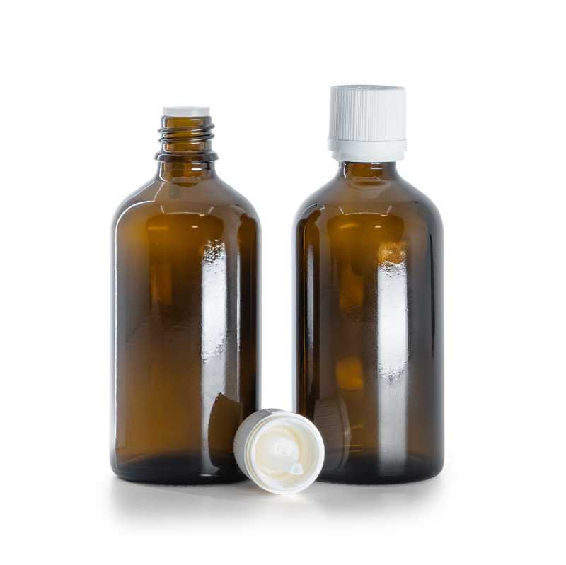 Flacon en verre ambré, bouchon de sécurité blanc inviolable et compte-gouttes, 100 ml