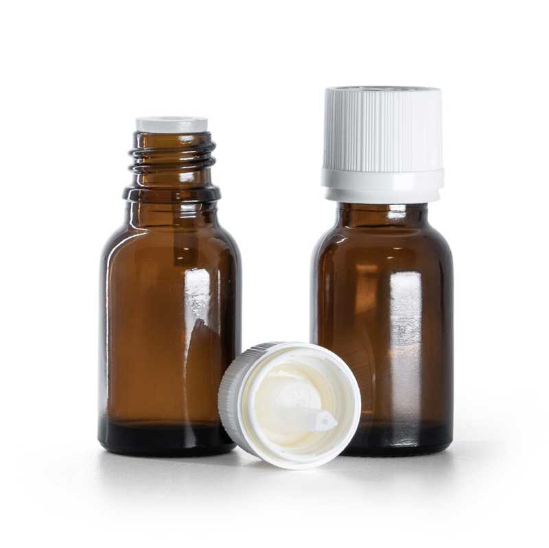 Flacon en verre ambré, bouchon de sécurité blanc inviolable et compte-gouttes, 15 ml