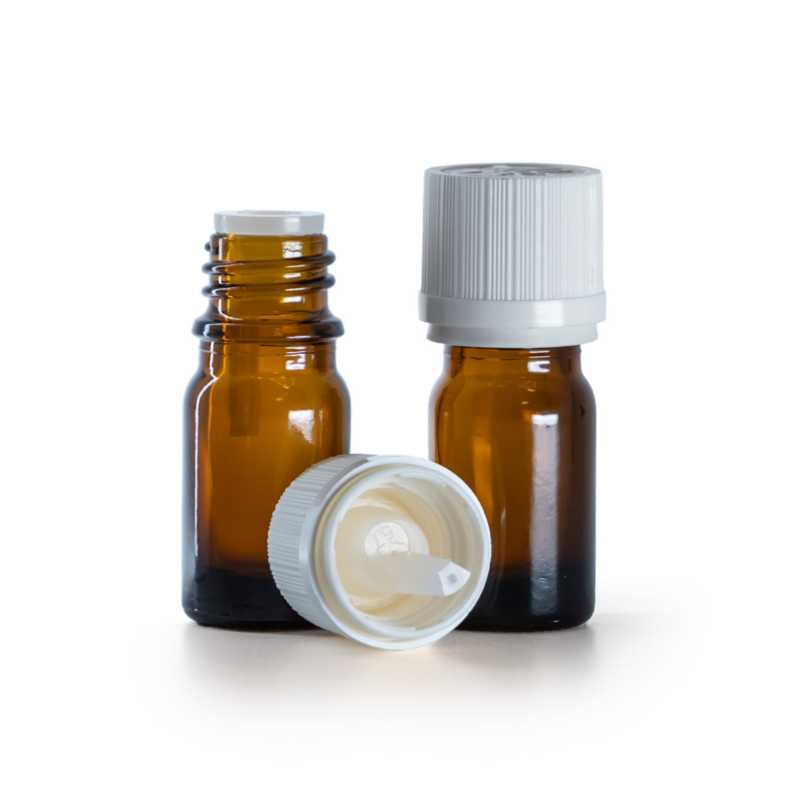 Flacon en verre ambré, bouchon de sécurité blanc inviolable et compte-gouttes, 5 ml