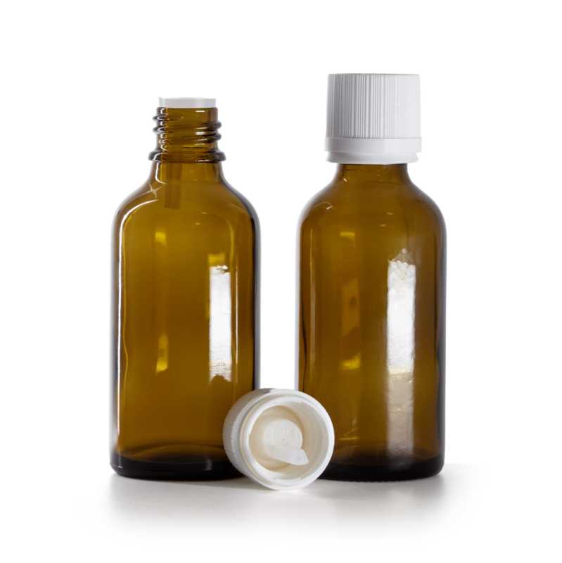 Flacon en verre ambré, bouchon de sécurité blanc inviolable et compte-gouttes, 50 ml