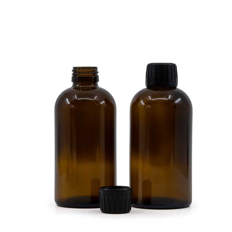 Bouteille ronde en verre Sirup Amber Boston, bouchon noir, 250 ml
