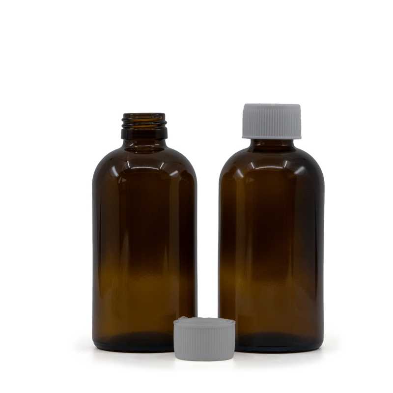 Bouteille ronde en verre Sirup Amber Boston, 28 mm, bouchon de sécurité blanc, 250 ml