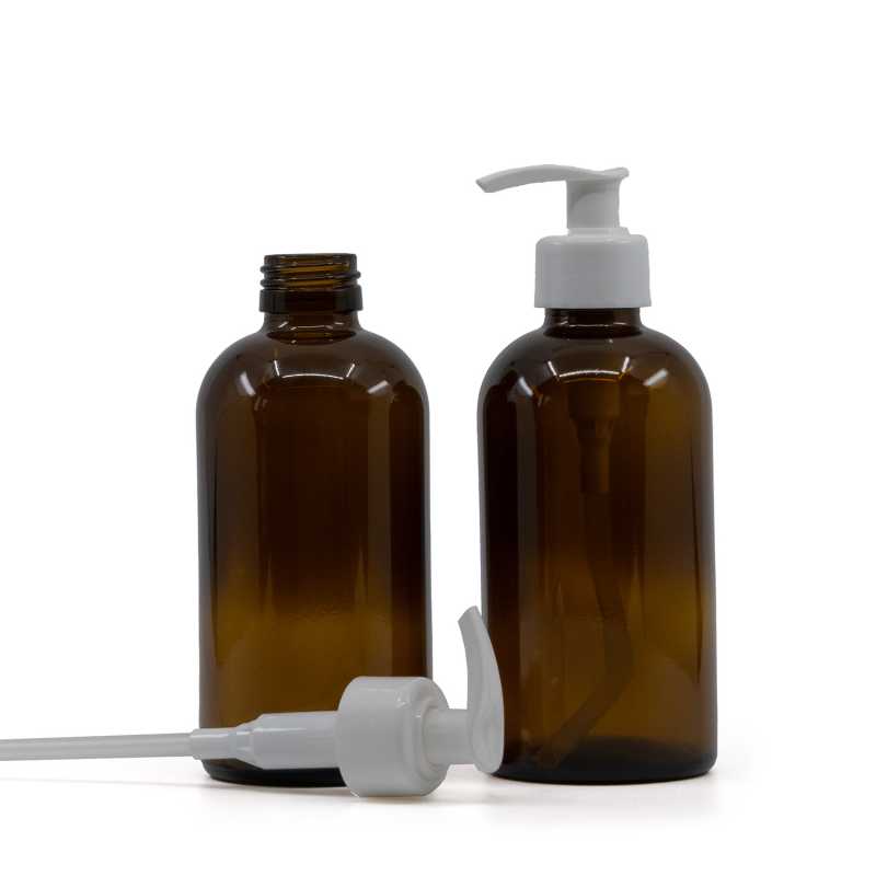 Bouteille en verre Boston ambre, PP28S, pompe blanche, 250 ml