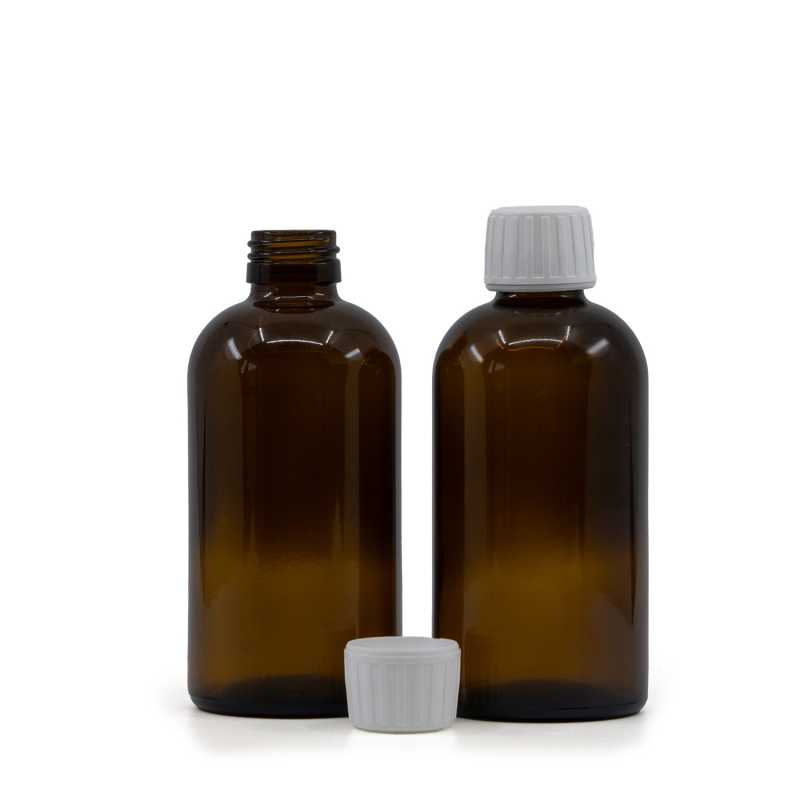 Bouteille ronde en verre Sirup Amber Boston, 28 mm, bouchon blanc, 250 ml