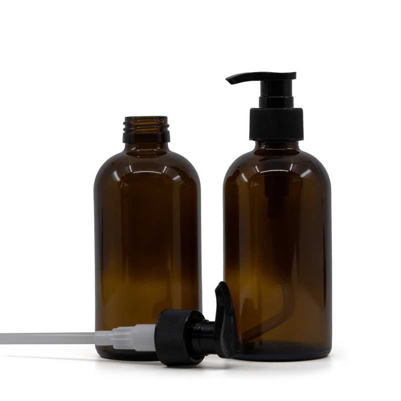 Bouteille en verre Boston ambre, pompe striée noire, 250 ml