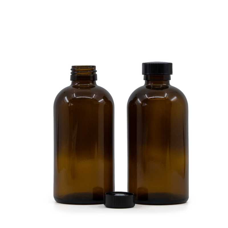 Bouteille ronde en verre Sirup Amber Boston, bouchon en bakélite noir, 250 ml