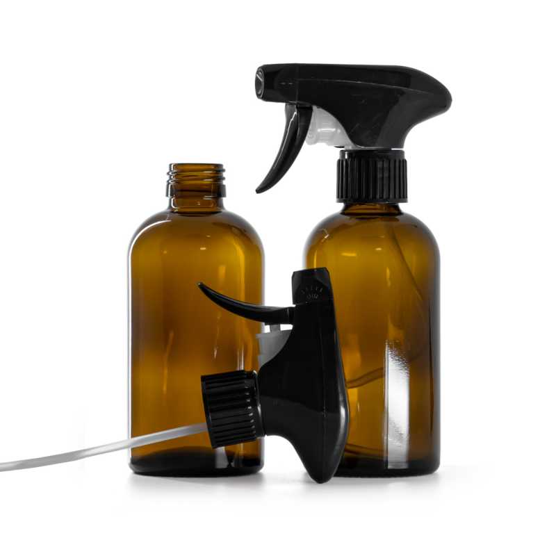 Bouteille en verre Boston ambre, PP28, vaporisateur à gâchette noir, 250 ml