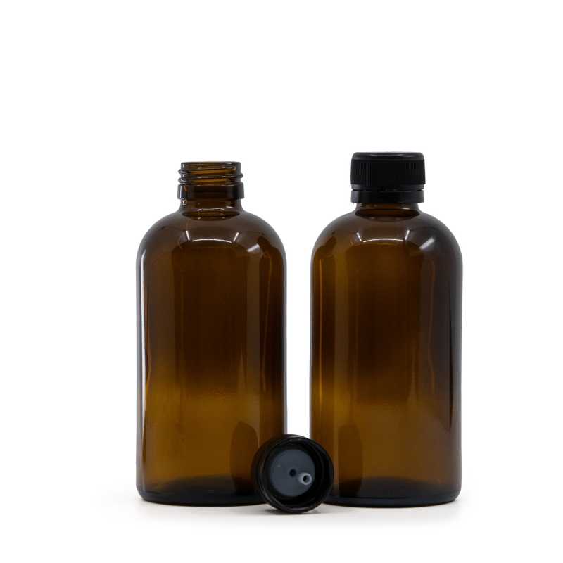 Bouteille ronde en verre Sirup Amber Boston, bouchon noir avec compte-gouttes, 250 ml