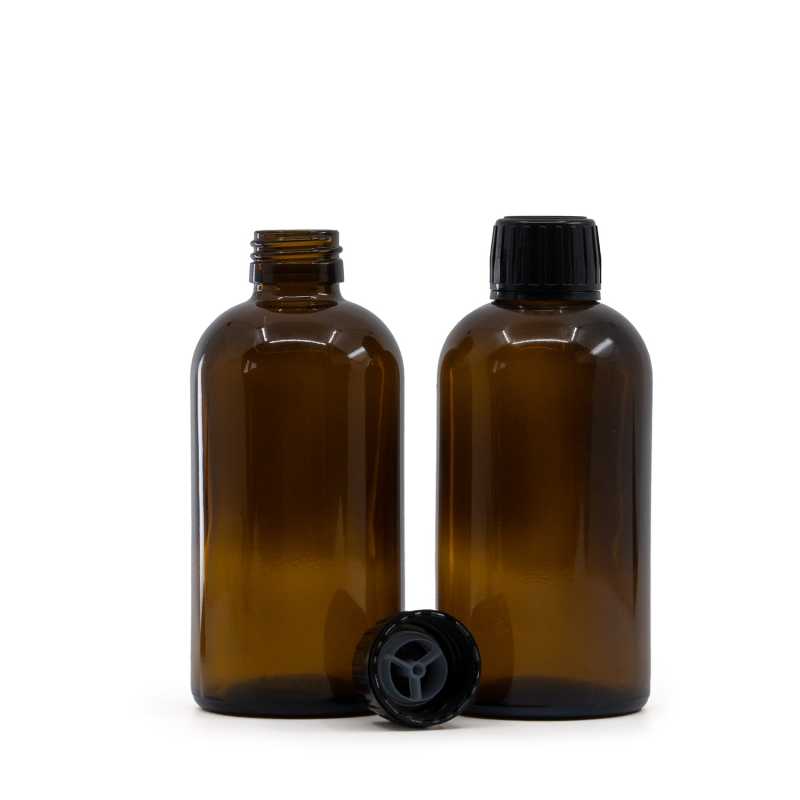 Bouteille ronde en verre Amber Boston, PP28, bouchon et verseur noirs, 250 ml