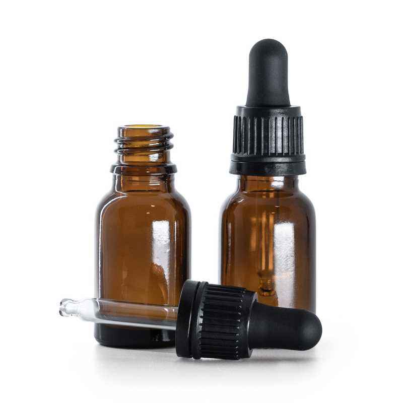 Flacon en verre ambré, compte-gouttes noir inviolable, 15 ml