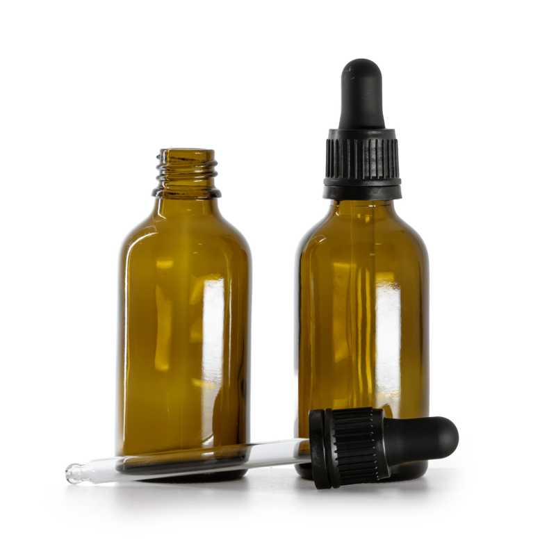 Flacon en verre ambré, compte-gouttes noir inviolable, 50 ml
