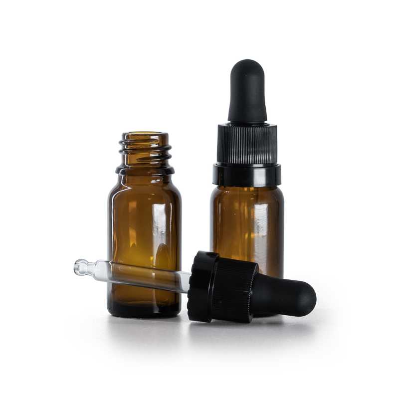 Flacon en verre ambré, compte-gouttes noir mat avec bande brillante, 10 ml